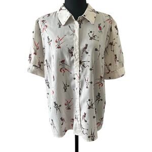 Modcloth Women's Skiing Animal Print Button Up Short Sleeve Blouse Cream XL